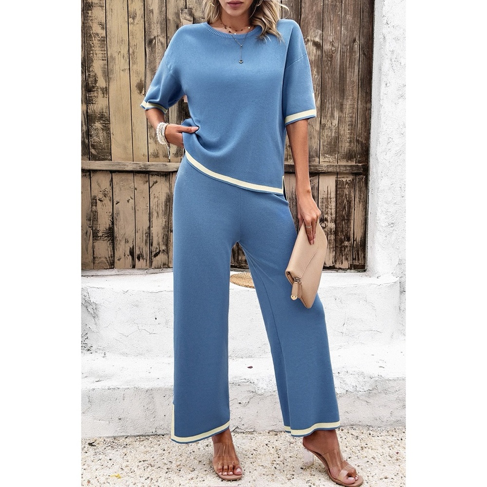 Two Pieces Outfits Knit Short Sleeve Wide Leg Lounge Sets - Picture 2 of 13